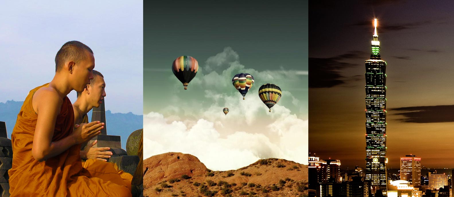 Munkar, luftballonger och skyskrapa